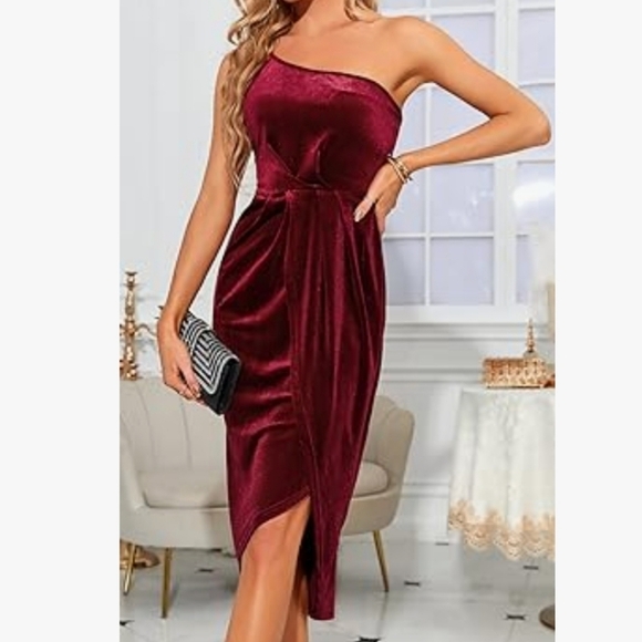 TINSTREE One Shoulder Velvet Bodycon Ruched Cocktail Party Dress Wine Red Size M - Picture 1 of 13